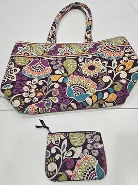 Vera Bradley Retired Crazy Plum Print Quilted Large  Floral Tote with Wallet